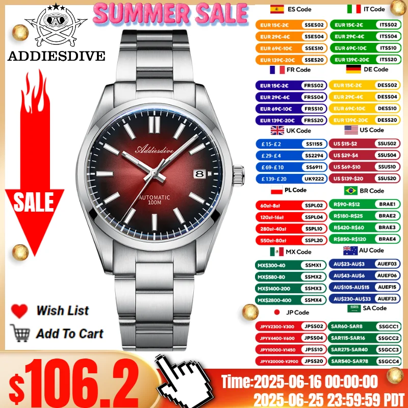 

ADDIESDIVE TOP Hot Watch For Men Sunburst Dial Sapphire Glass 10Bar Diving BGW9 Luminous NH35A Automatic Mechanical Watches