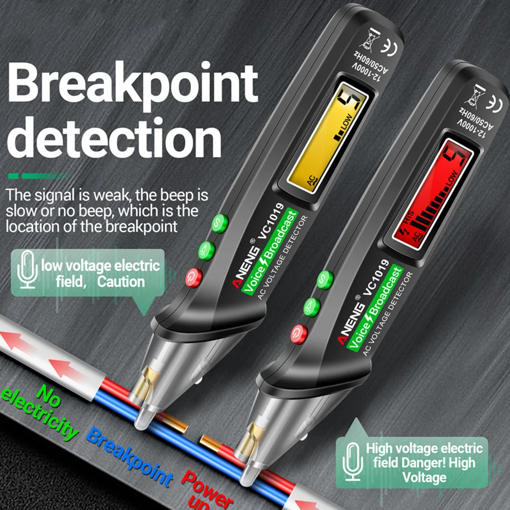 VC1019 Circuit Breaker Test Pen Voice Broadcast Voltage Detector 12-1000V Volt Current Non-Contact Pen Electric Teste Meter Tool