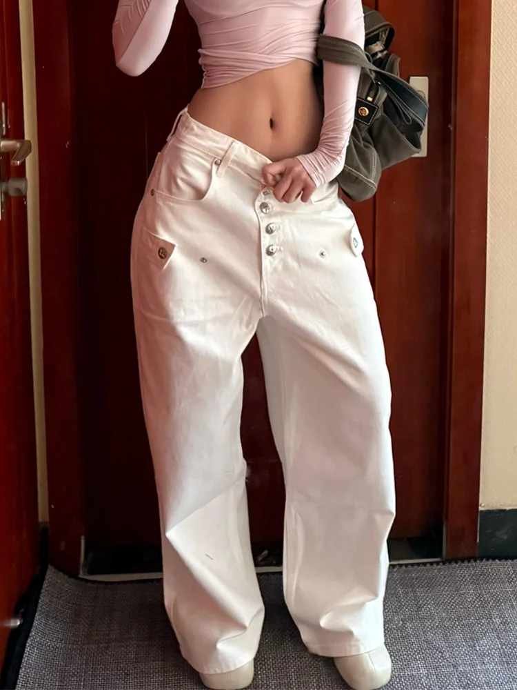 

American Style Sexy Silver Star Button Denim Pants Women's Vintage Loose BF Lazy Style Floor-Length Trousers High Waist