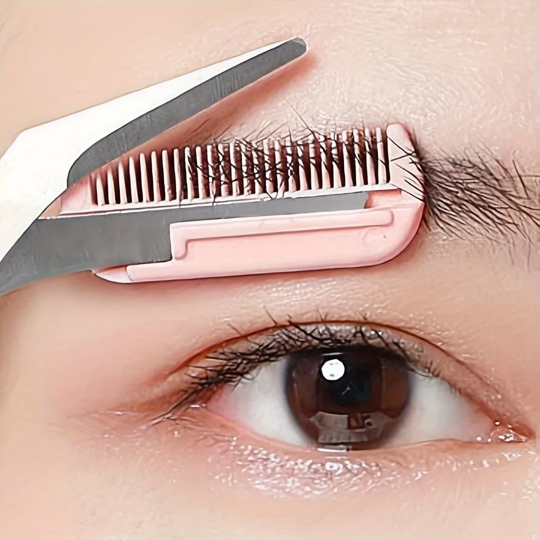 Pink eyebrow trimming scissors with built-in comb - stainless steel, precise grooming tool, creating perfect eyebrows