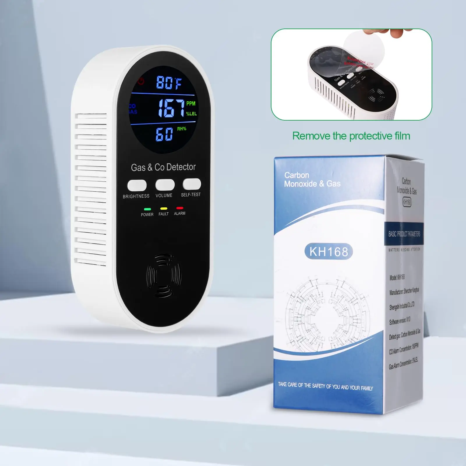 5-in-1 Combination Explosive Gas & Carbon Monoxide Detector,AC-Plug-in Natural Gas,Propane&CO Alarm with Adjustable Volume & Brightness,Battery Backup,Temperature(°F)&Humidity Sensor for Home,RV,Hotel
