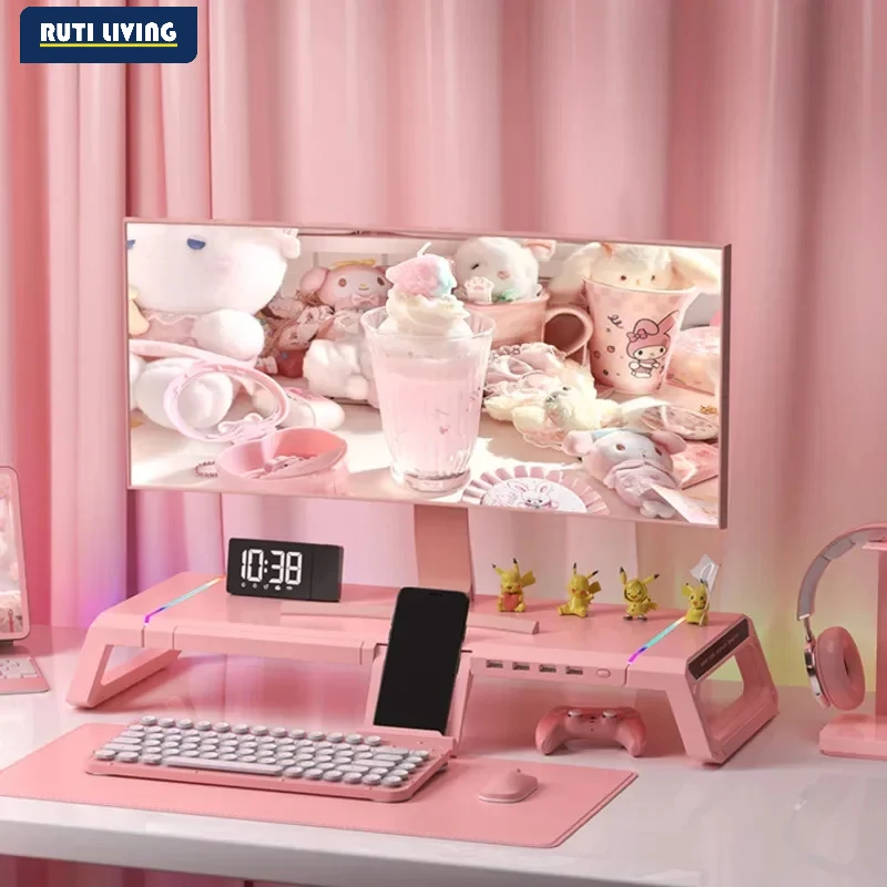 RUTI Hot Computer Monitor Stand with USB Pink Laptop Table with Drawer Multifunctional Tablet Stand for Girls Height Adjustable