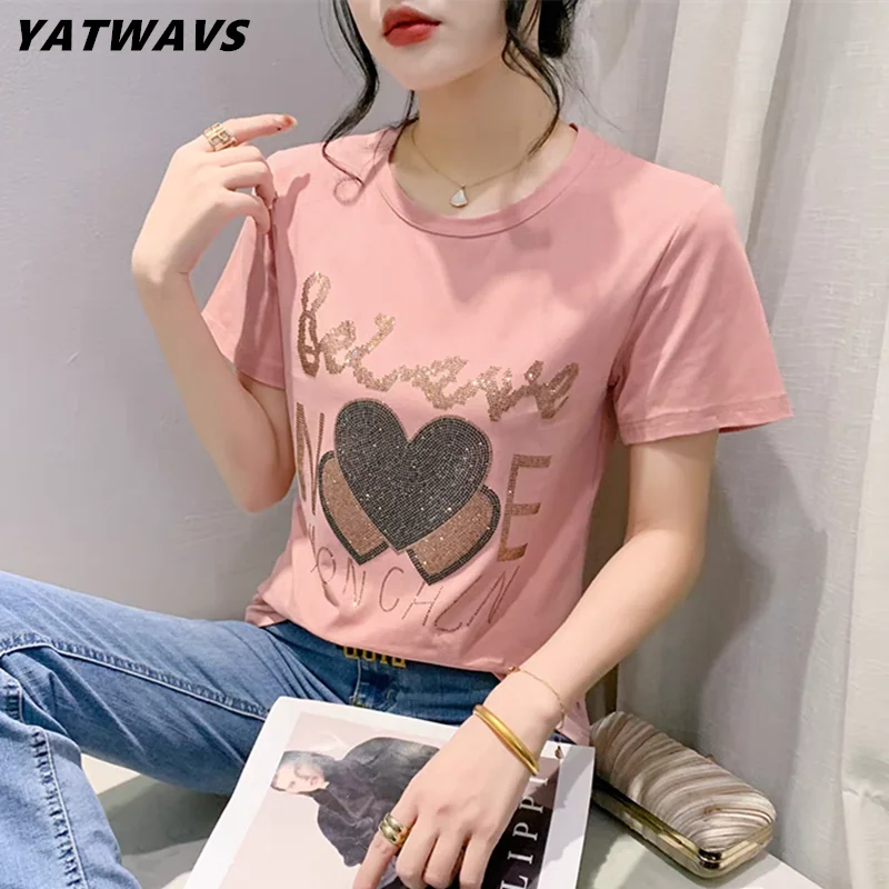 

2024 Summer Streetwear Girl Chic Heart-Shaped Hot Diamonds T-shirt New Women's Short Sleeve Cotton Tees Fashion Casual Tops