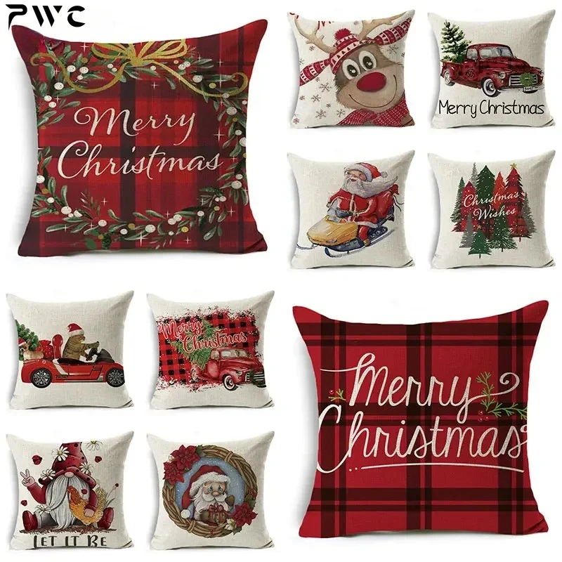 Red Cartoon pattern Christmas pillowcase linen home decoration cushion cover suitable for car sofa chair pillowcase 18*18 inch