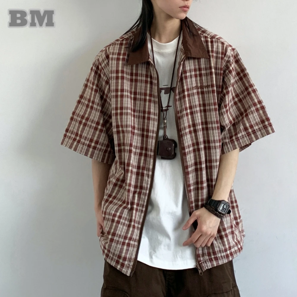 Japanese Vintage Checkered Shirt For Men Women Summer Short Sleeve Zip-Up Unisex Oversized Casual Streetwear Preppy Top Trendy