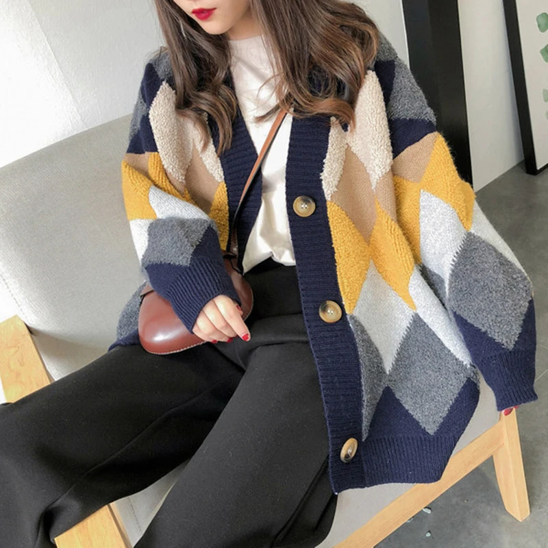 Women Autumn Fashion Trend Loose Geometric Knitting Cardigan Women Clothes Korean Simplicity All-match Long Sleeve Warm Knitwear