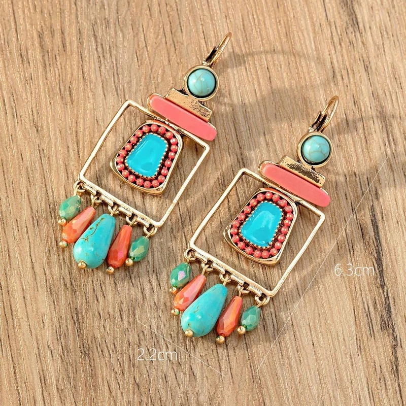 Women Bohemia Colorful Stone Drop Earrings Antique Gold Color Turquoise Stone Geometric Dangle Earrings Vintage Women Jewelry