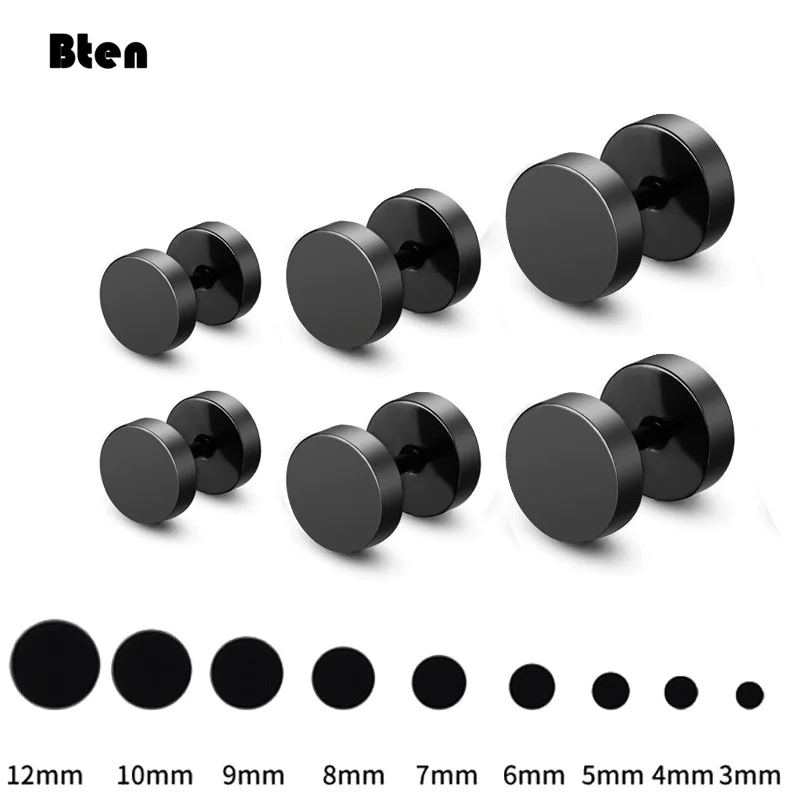 One Pair Black Stainless Steel Round Stud Earrings For Women Dumbbell Pierceing Earrings Men Punk Fashion Jewelry