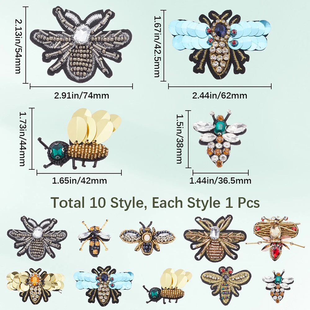 10PCS 10 Styles Handmade Rhinestone Beaded Patches Bees Dragonfly Insect Sew on Pearl Sequin Patch Clothes Embroidery Applique