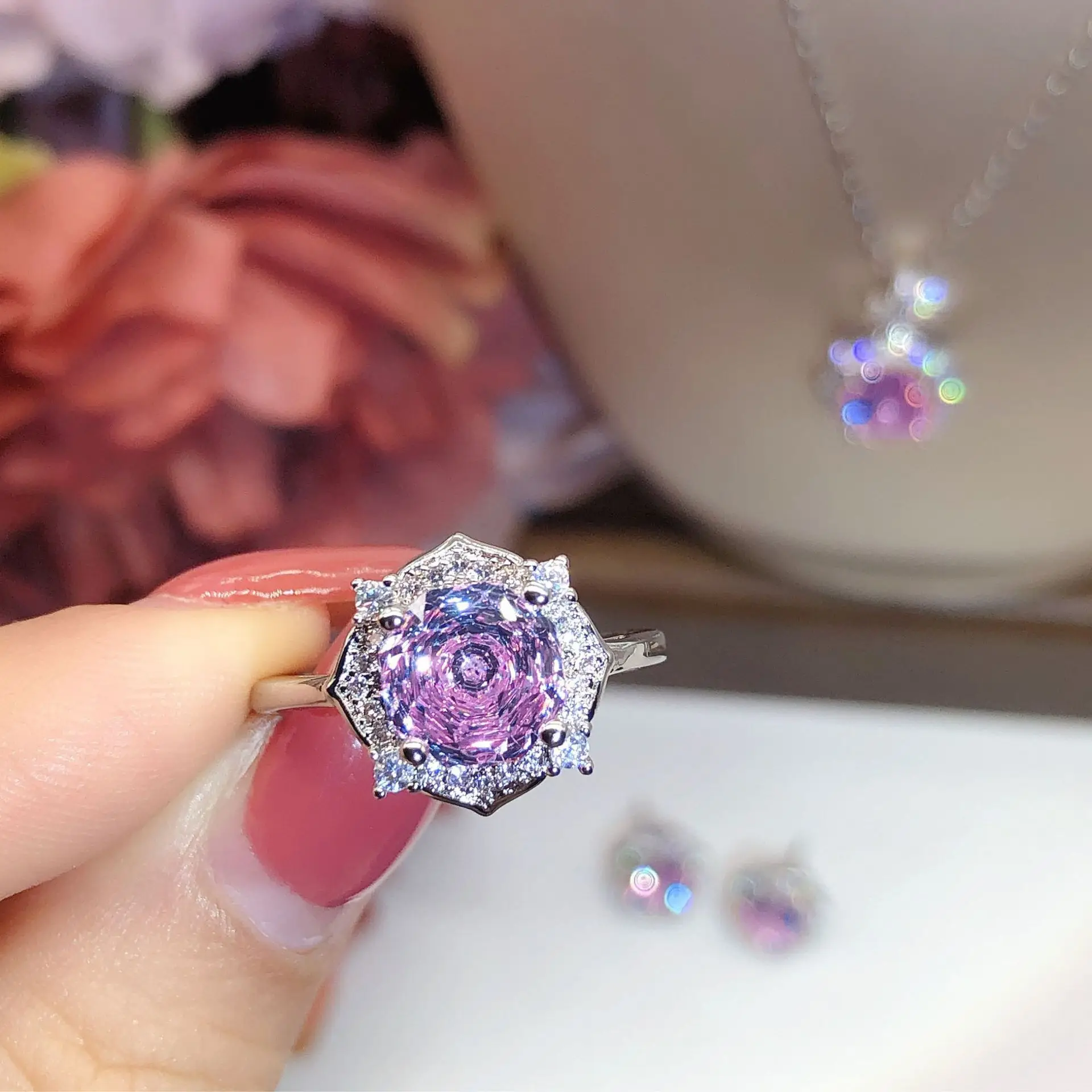 

Trend Millennium Rose Cut Purple Lithium Radiance Octagonal Zircon Luxury Open Flower Ring Silver Color Women Party Jewelry