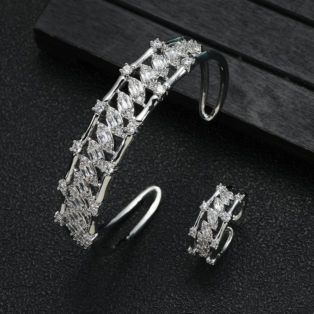 Luxury 2PCS Dubai Bangle Ring Set Fashion Jewelry For Women Wedding Engagement Brincos Para As Mulheres HXS022 S658