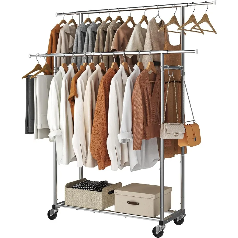 Double Rod Clothing Garment Rack, Rolling Clothes Organizer on Wheels for Hanging Clothes,with 4 hooks, Chrome