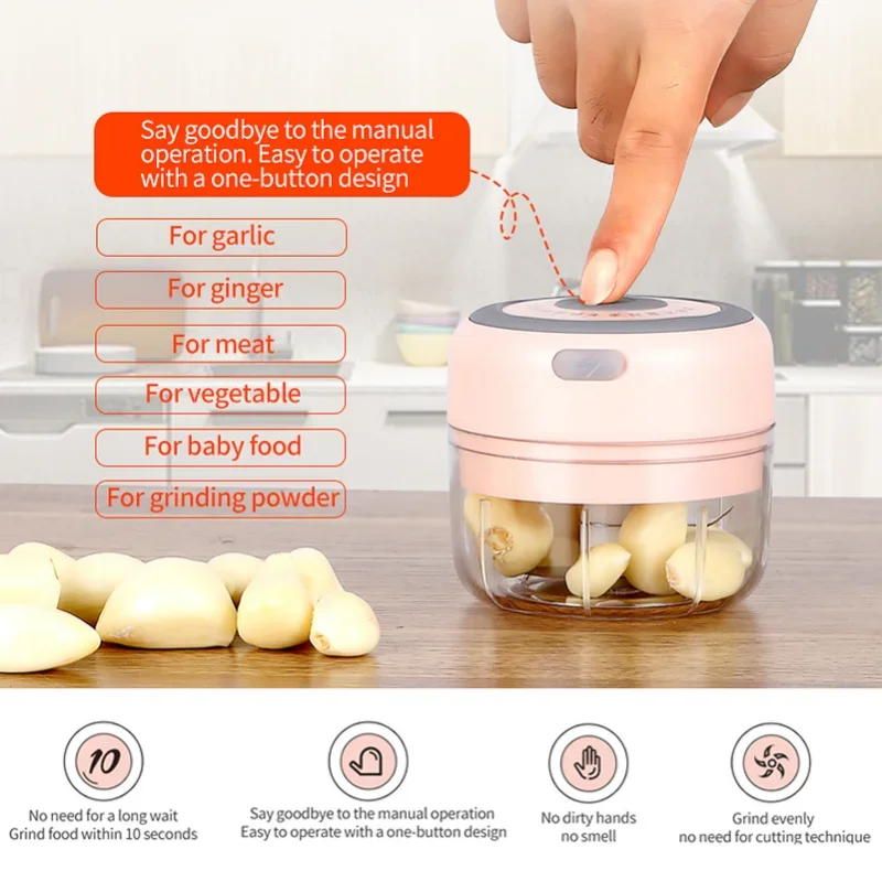 100ML Mini Garlic Grinder Electric Garlic Chopper Cordless Food Fruit Vegetable Blender Kitchen Gadgets USB Rechargeable