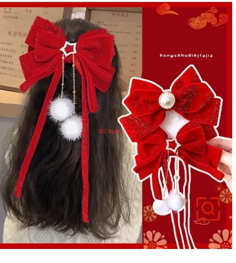 1PC Rot Goldene Schleife Haarspange Für Frauen Mädchen Ornament Weihnachten Neujahr Haarspangen Haarschmuck – Detail 7