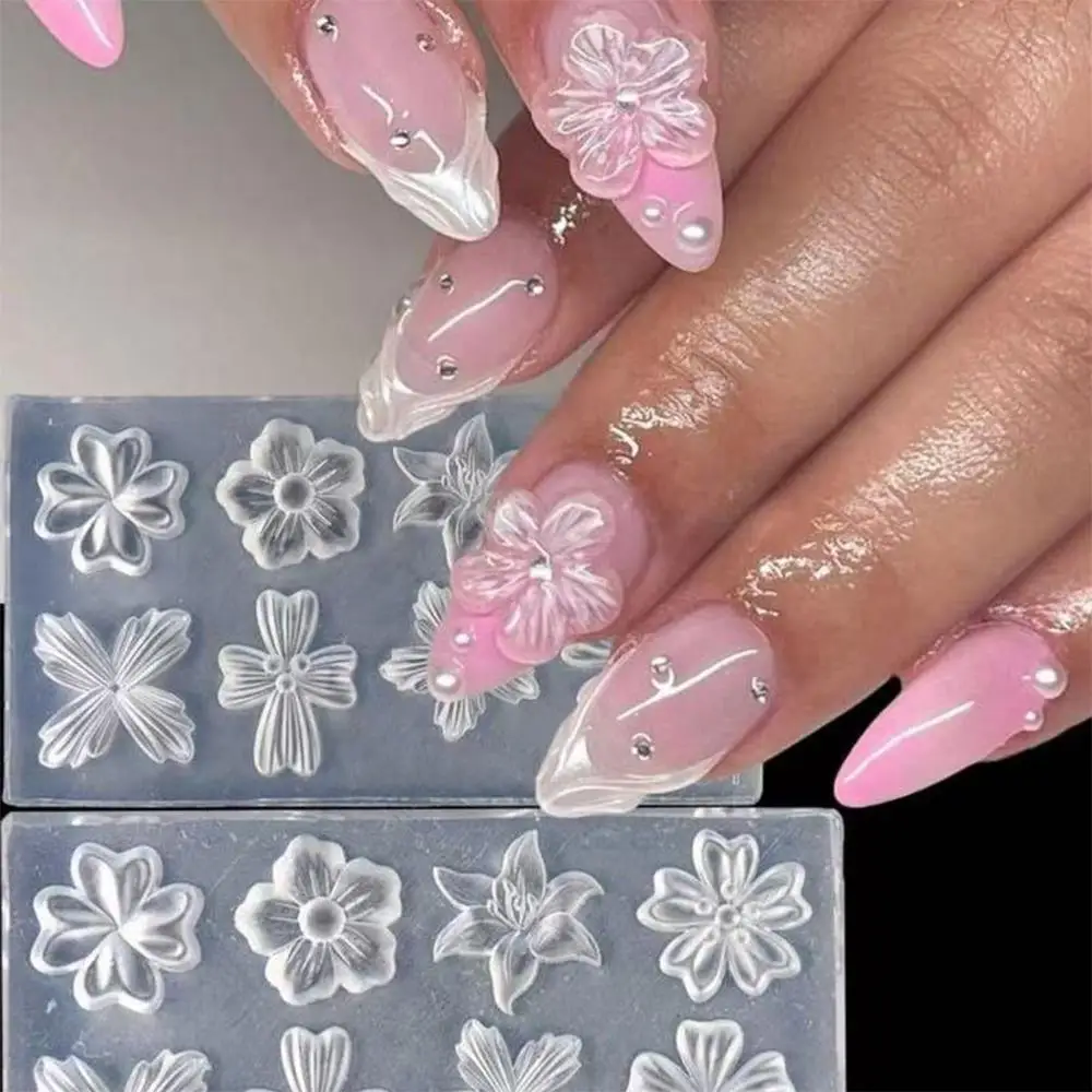 1/2Pcs 3D Spring Flower Petals Silicone Nail Mold Lily Cherry Blossom DIY Design Manicure Template Carving Floral Nails Stencil