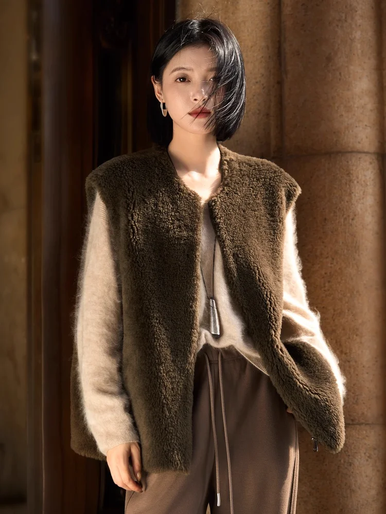 BirdTree, Fluff 100% lana di pecora gilet retrò, top da donna con cerniera o-collo, gilet solido stile versatile, 2025 autunno inverno T5O518JF