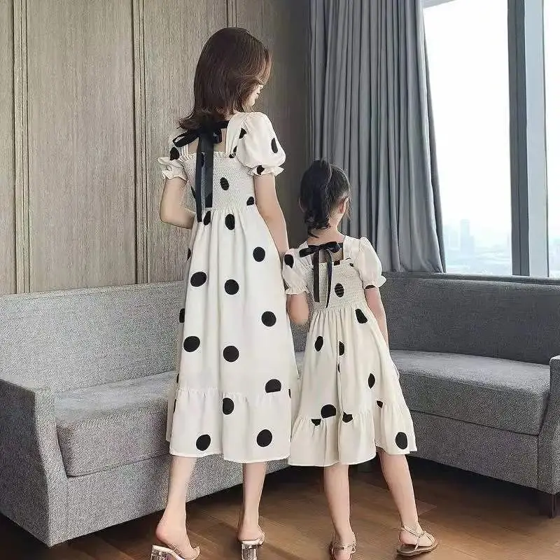 Mother and Girls Polka Dot Dresses Summer New Fashion Children\'s Clothing Small Fresh Puff Sleeve Parent-child Princess Dress 8y