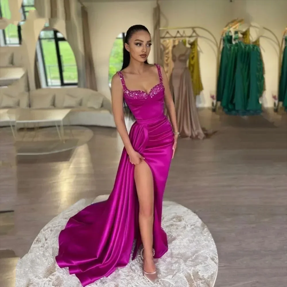 

Sexy Mermaid Satin Prom Dresses For Women Sequins Chest Fishtail Evening Gown Side High Split Party Princess Dress فساتين السهرة
