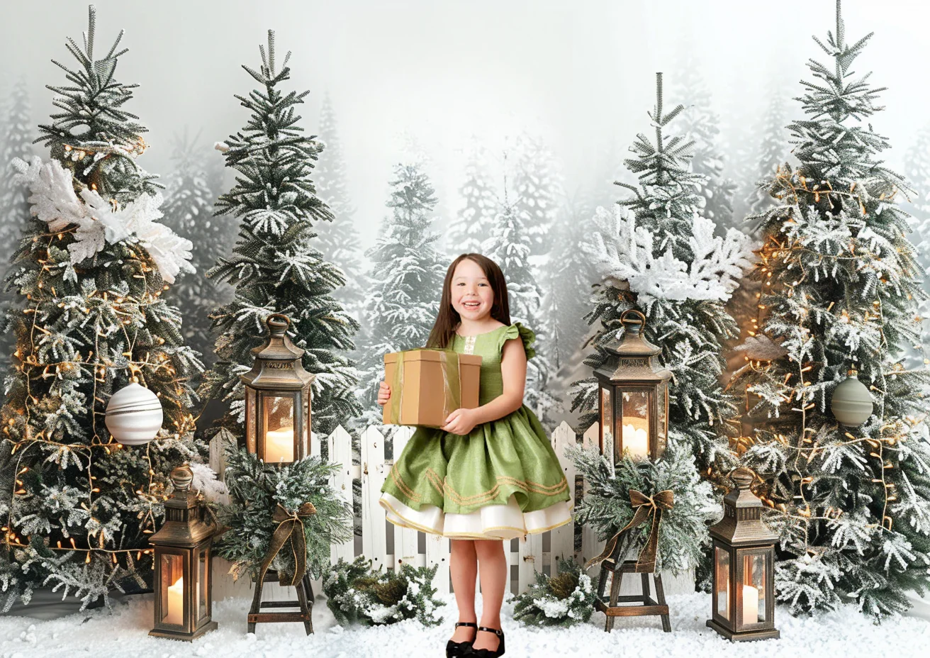 Winter Christmas Background Pine Trees Lanterns Wooden Fence Evergreen Branches Snowflake Baby Background Photo Studio Photocall