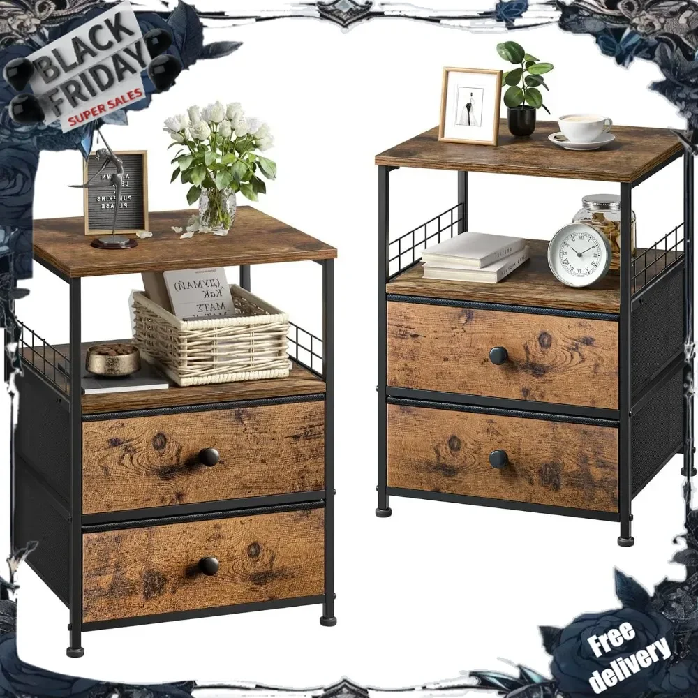 Nightstand Set of 2, Bedside Table with Fabric Drawers and Open Wood Shelf Storage, Industrial Bed Side Table