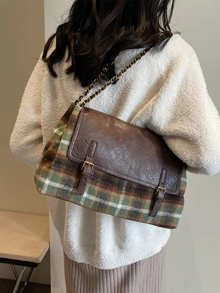 Autumn Winter Tweed Tote Bag 2023 Trendy Plaid Patchwork Leather Women Chains Shoulder Pack Large Capacity Handbag Female