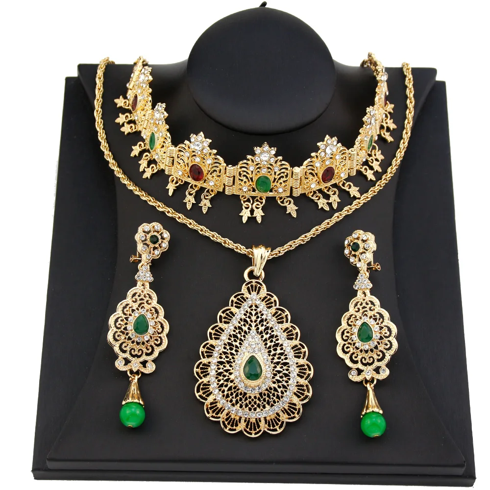 18K Gold Color Arabic Bride Wedding Jewelry Set Algeria Morocco Women Earring Pendant Necklace Hair Accessories Caftan Bijoux