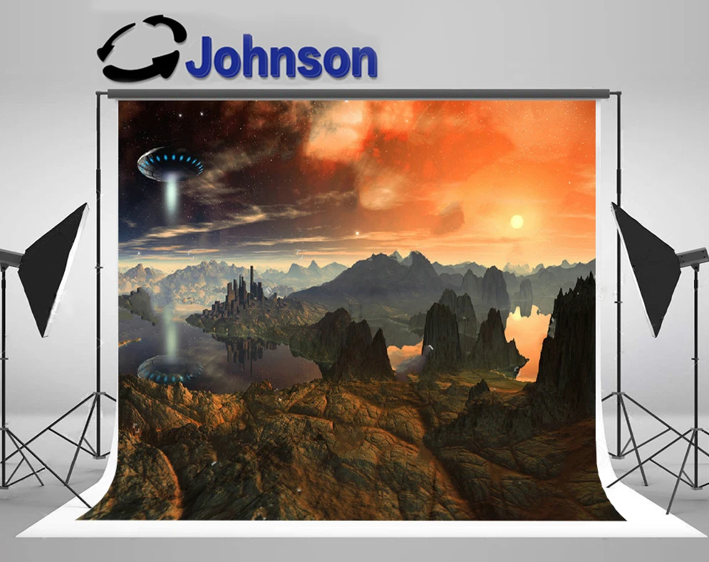 

JOHNSON Ufo Spaceship Ship Over Alien Landscape Mountain photo studio background High quality Computer print scenic backdrops