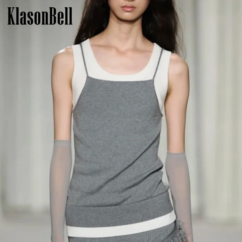 

5.24 KlasonBell Girl Contrast Color Spliced Fake Two Piece Tank Top Women Stretch Knit Spaghetti Strap O-Neck Short Camis