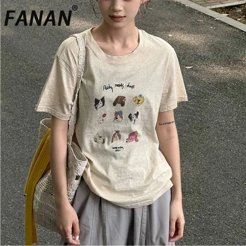 FANAN Korean Style Print Design Short Sleeve T-shirt For Women Round Neck Sunscreen  Tops Female 2026 Summer New