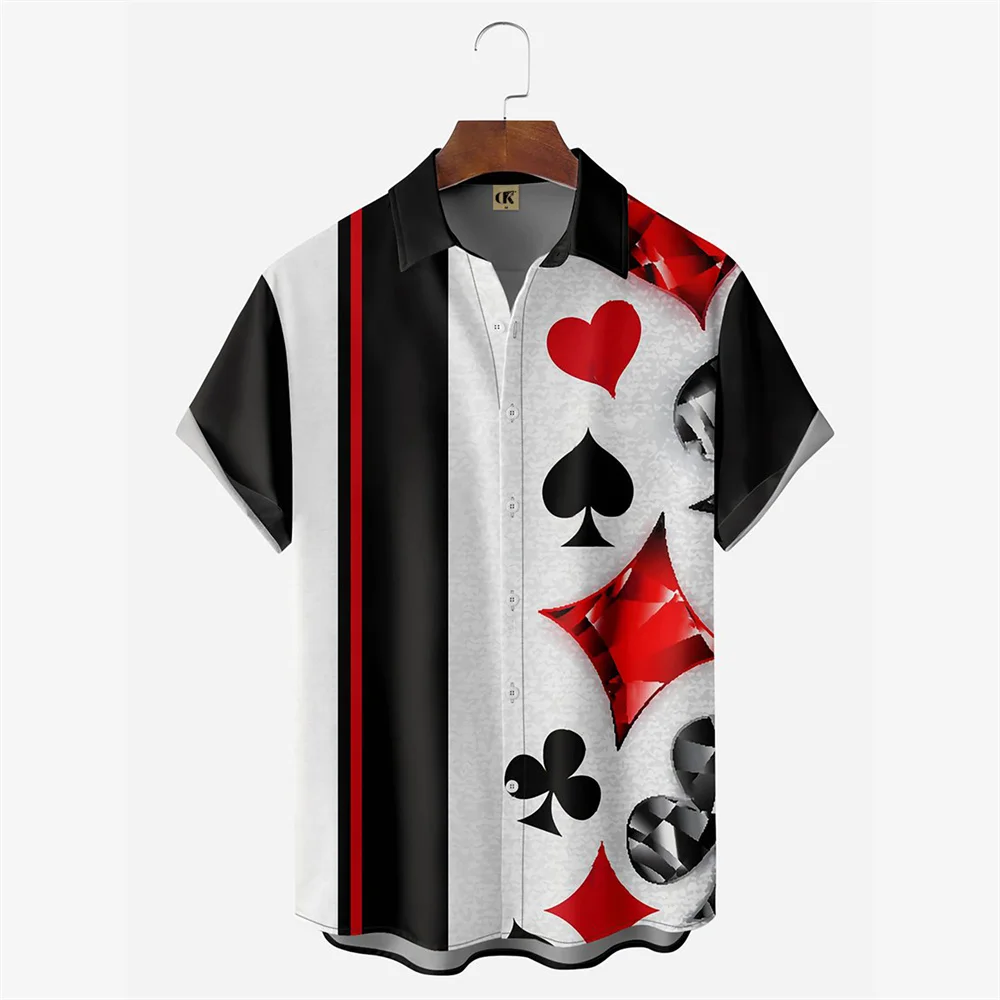 2023 Fashion Shirts for Men Summer Casual Poker Print Shirt Hawaiian Shirt Lapel Button Beach Tops Vintage Shirt Male Tees