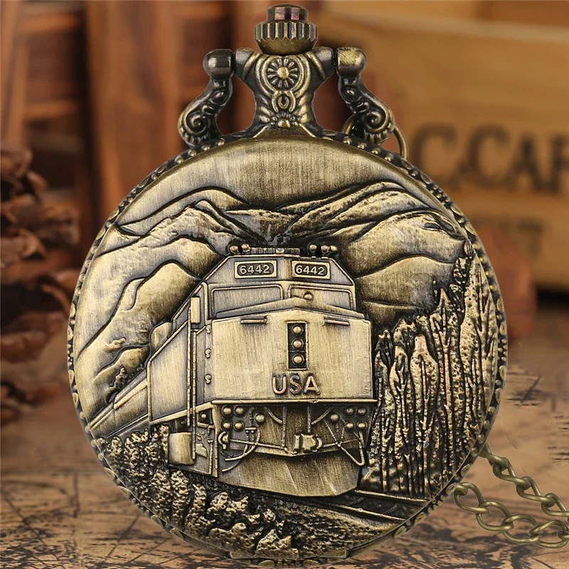 Old Fashion Men's Pocket Watch Engraved USA Railway Train Pattern Retro Quartz Movement Clock Fob Necklace Chain Collectable