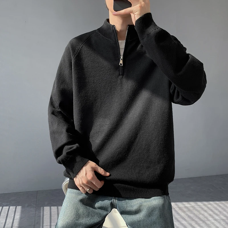 

Loose Fit Men's Knitted Sweater Autumn Winter High Collar Overhead Lazy Sle Large Size Inner Wear Base Layer Zipper Design