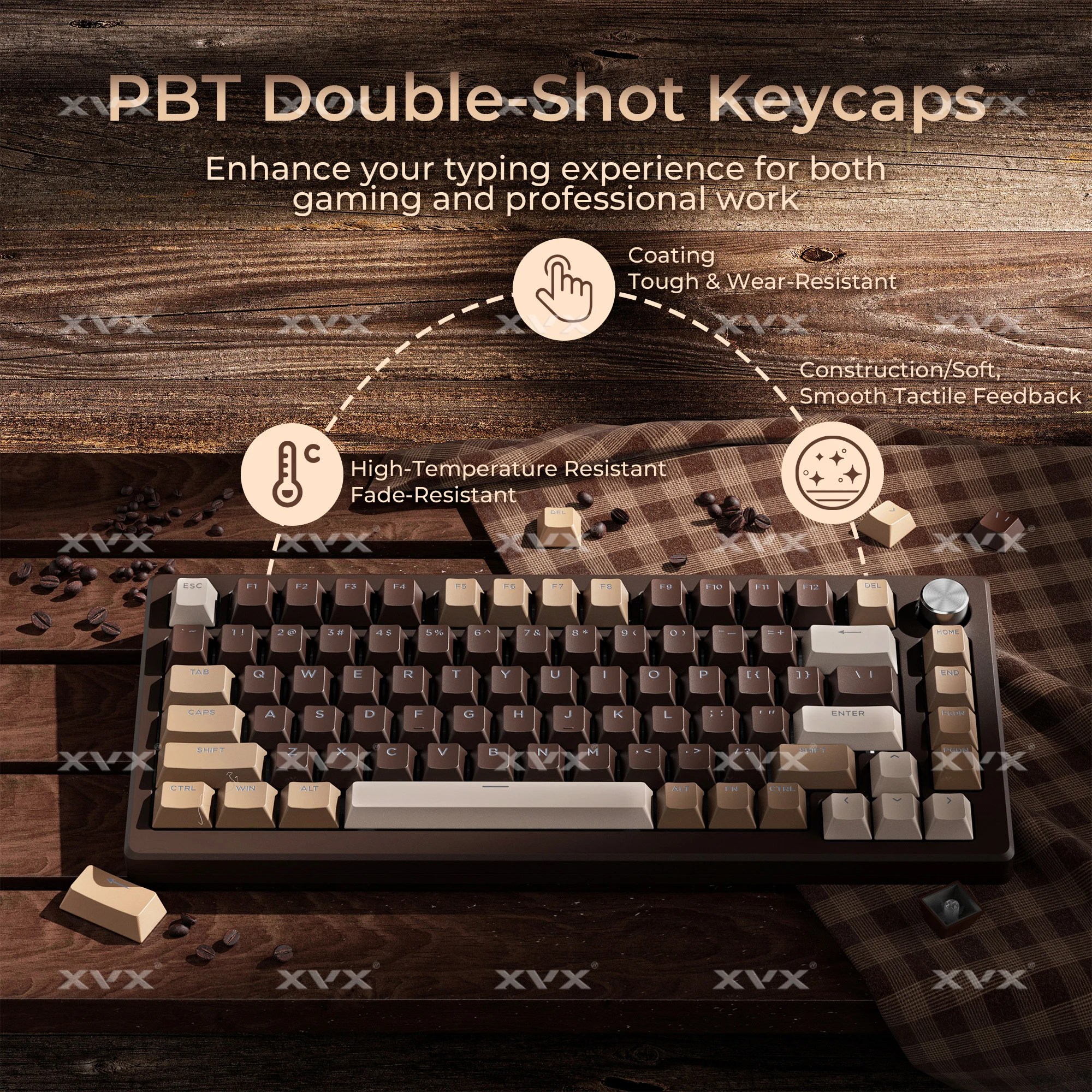 XVX PBT Double Shot Keycaps Cherry Profile Chocolate Style Shine Through Cherry MX Swtiches Backlight Brown Keycaps 133 Keys