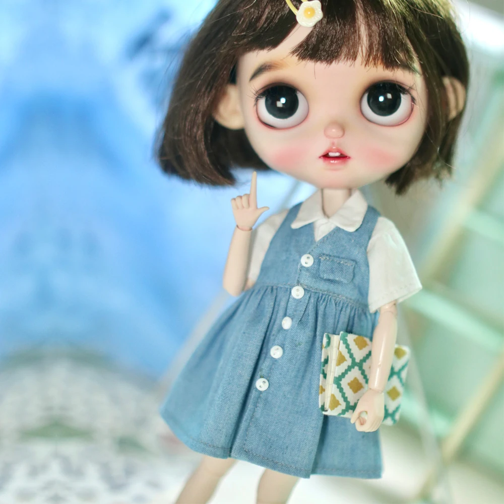 

H01-A030 children handmade toy 1/6 ob24 azone blyth doll clothes academy style denim vest skirt shirt 1pcs