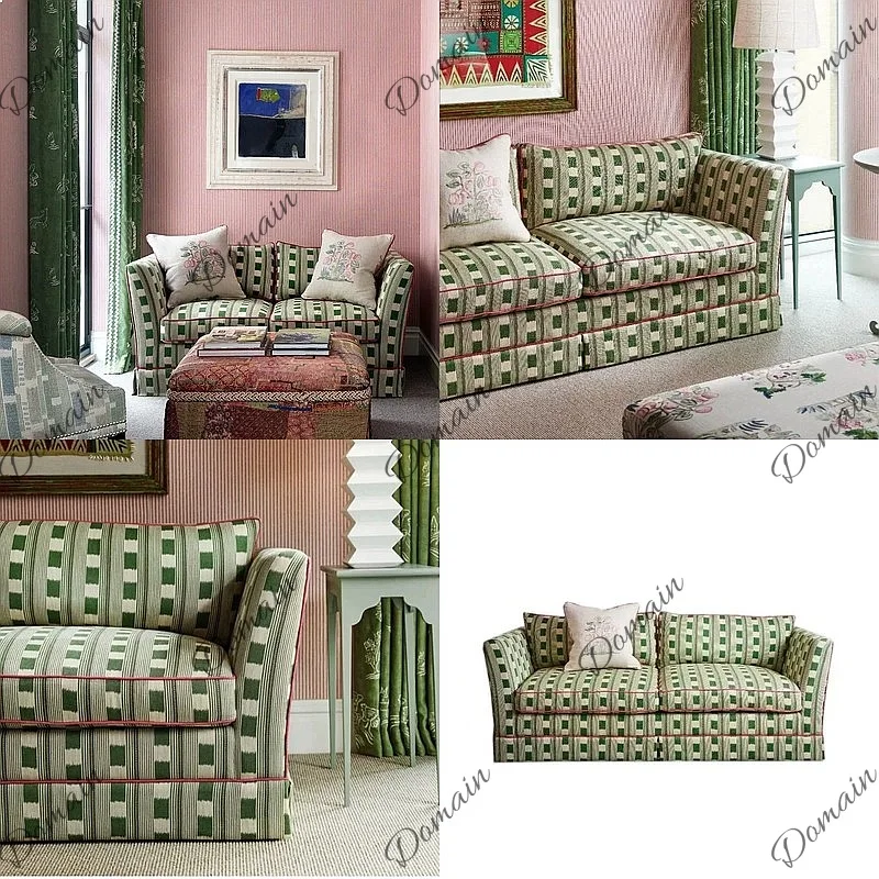 French retro double triple sofa straight row sofa American fabric green plaid sofa disassembly and washing