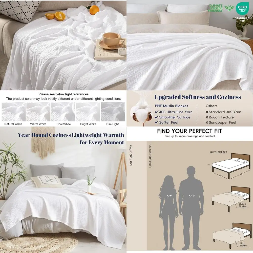 

King Size Cotton Muslin Blanket, 4-Layer Lightweight, Breathable & Soft, Perfect for Bed, Couch, Camping, Baby, Ideal Gift