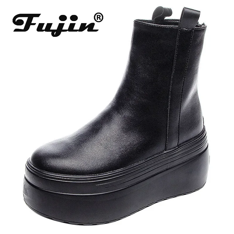 fujin Geunine Leather Super Thick Sole Women's Boots Genuine Leather Autumn Motorcycle Boots Ladies British Women's Ankle Boots