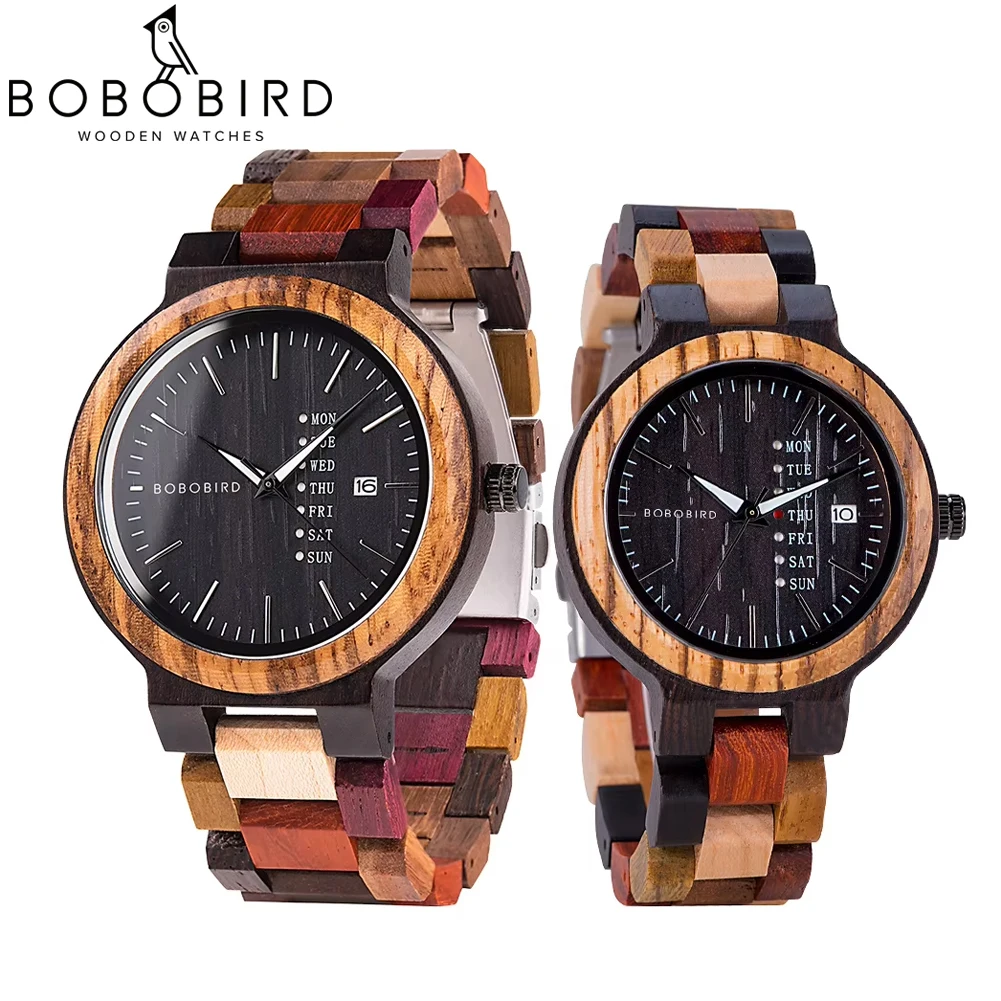 BOBO BIRD นาฬิกาไม้ผู้ชายผู้หญิงควอตซ์สัปดาห์วันที่คู่นาฬิกาไม้ที่มีสีสันโลโก้ปรับแต่งของขวัญขายส่ง Dropship