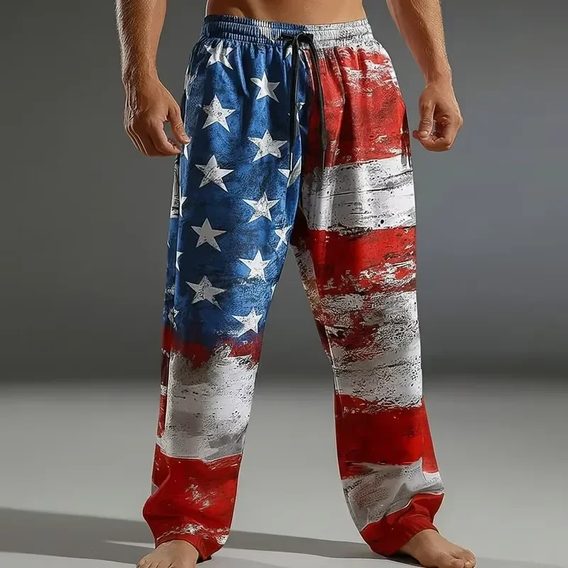 Men Beach Pants 3D American Flag Floral Print Drawstring Casual Loose Breathable Hawaiian Style Summer Holiday Clothing For