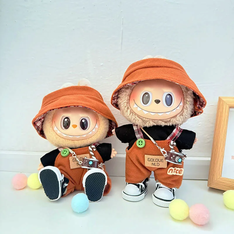 

Clothes for Labubu Keychain Doll Warm Brown Overalls Retro Camera White Canvas Shoes for 1.0 2.0 3.0 Generation Vinyl Figure