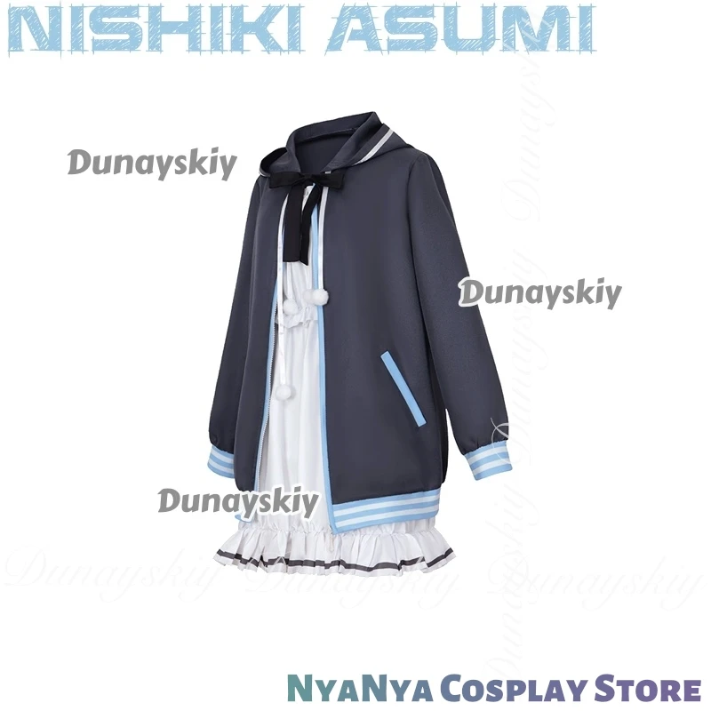 Hamidashi Creative Game Nishiki Asumi ssiVtuber súper popular con vestido blanco Sudadera con capucha negra y peluca ssiDisfraz Todo el conjunto