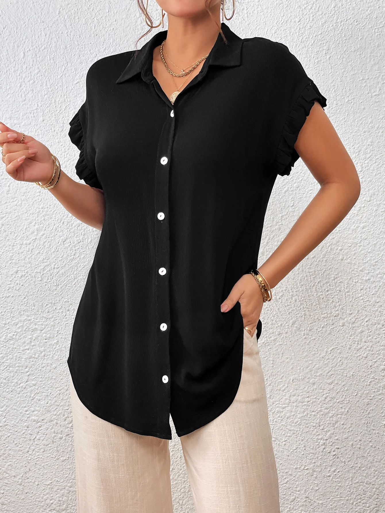 Black Short-sleeved Single Breasted Stand Up