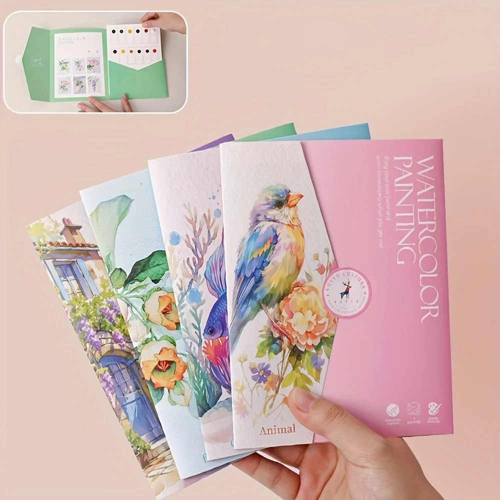 A Set of Creative Watercolor Painting Tools - Adult Coloring Book with Landscape and Floral Patterns