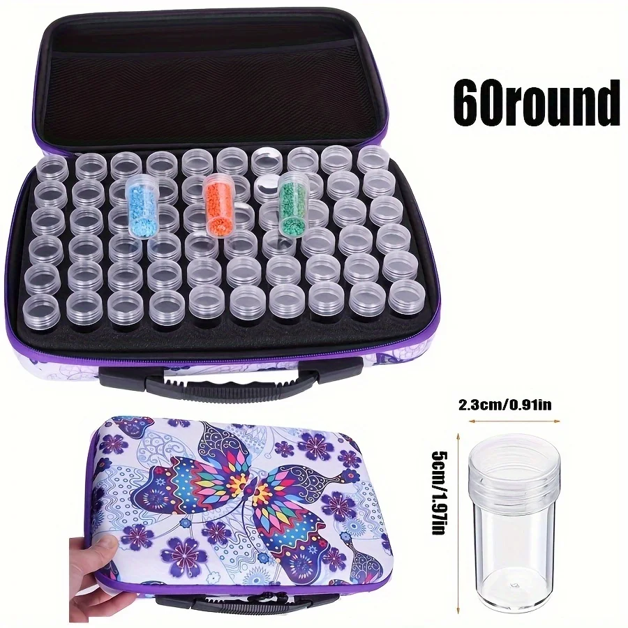 60 Slots 1 Set Butterfly Pattern Tote Bag for Diamond Arts, Crafts, Jewelry, Beads with Round Bottle Cosmetic Storage Container