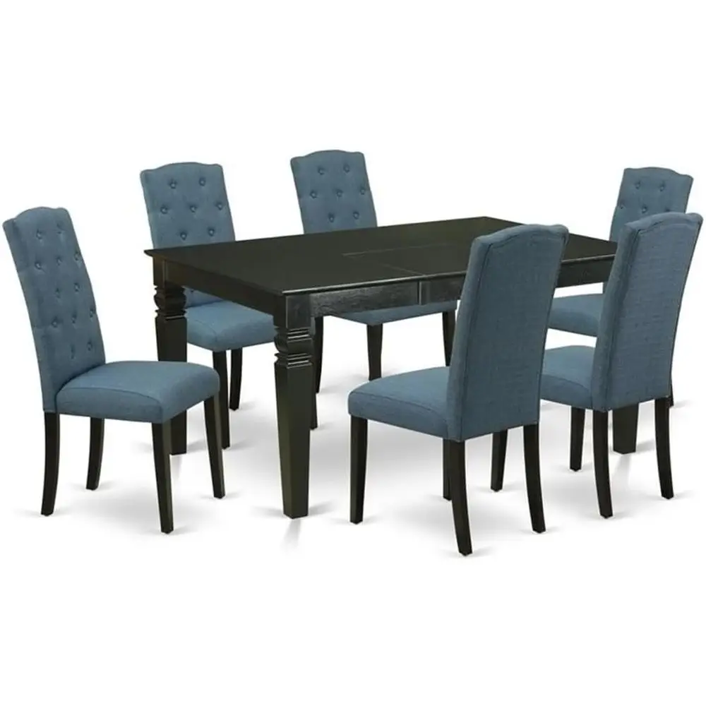 

7-Piece Dining Set with 42x60 Inch Rectangular Table and 6 Mineral Blue Linen Fabric Chairs