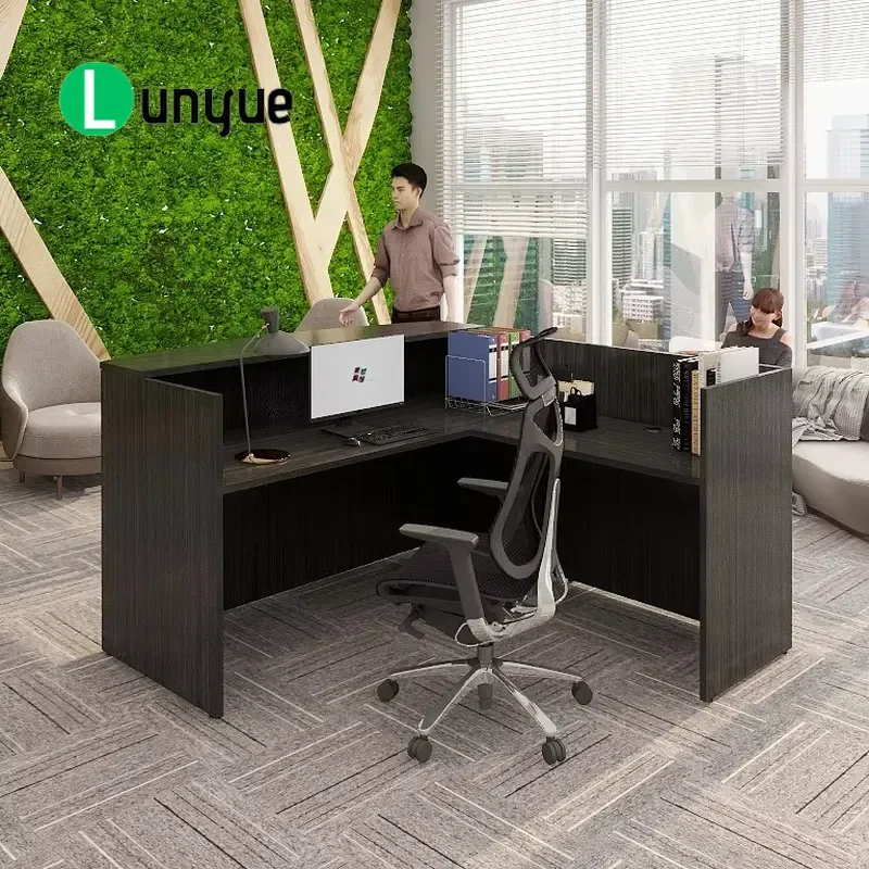 L Shaped Front Desk Reception Counter for Business Office Modern Checkout Table with Storage Space Professional Commercial