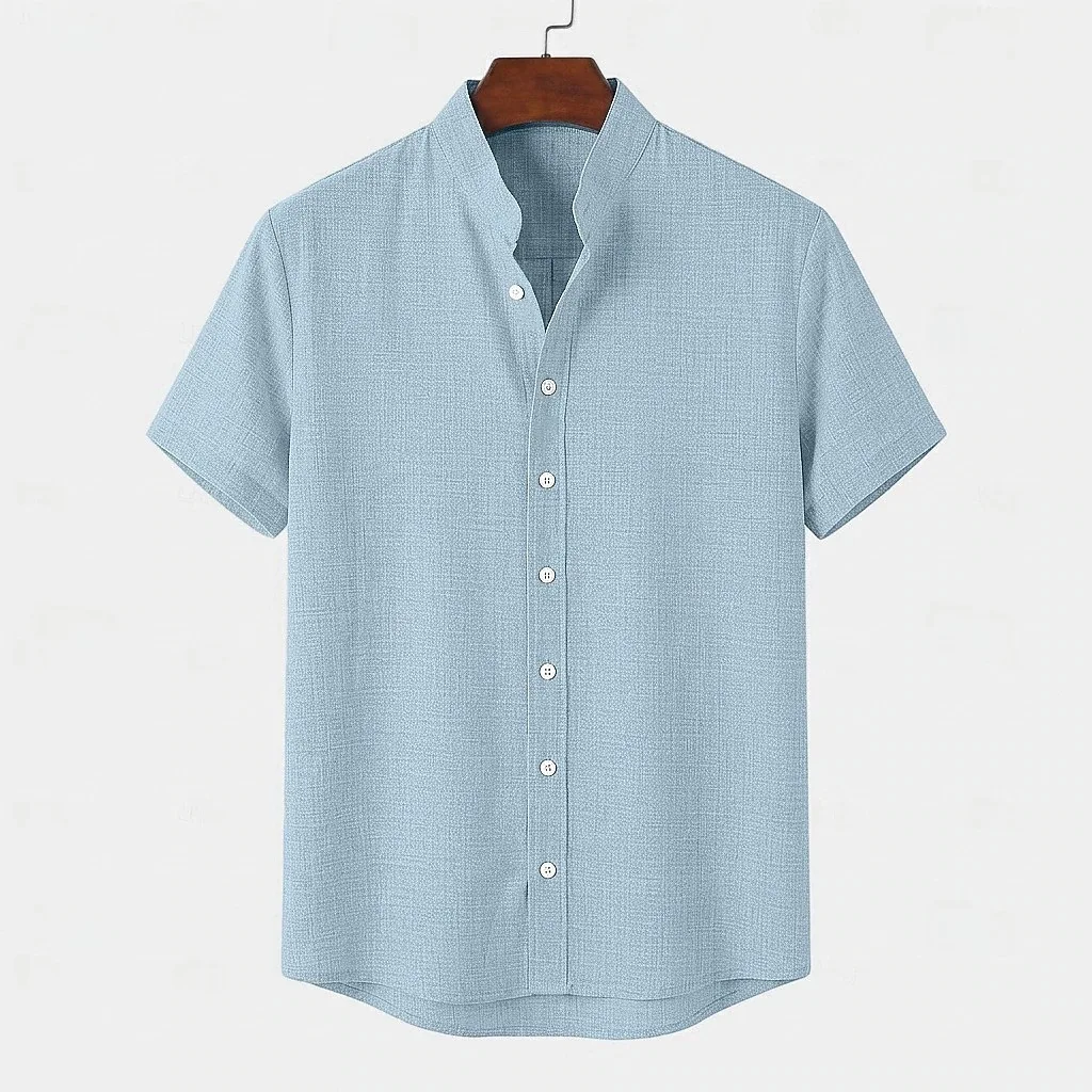 FEGKZLI  Men's Casual 100% Linen Shirt Summer Solid Color Short Sleeve Breathable Loose Youth Basic Stand Up Collar Tops