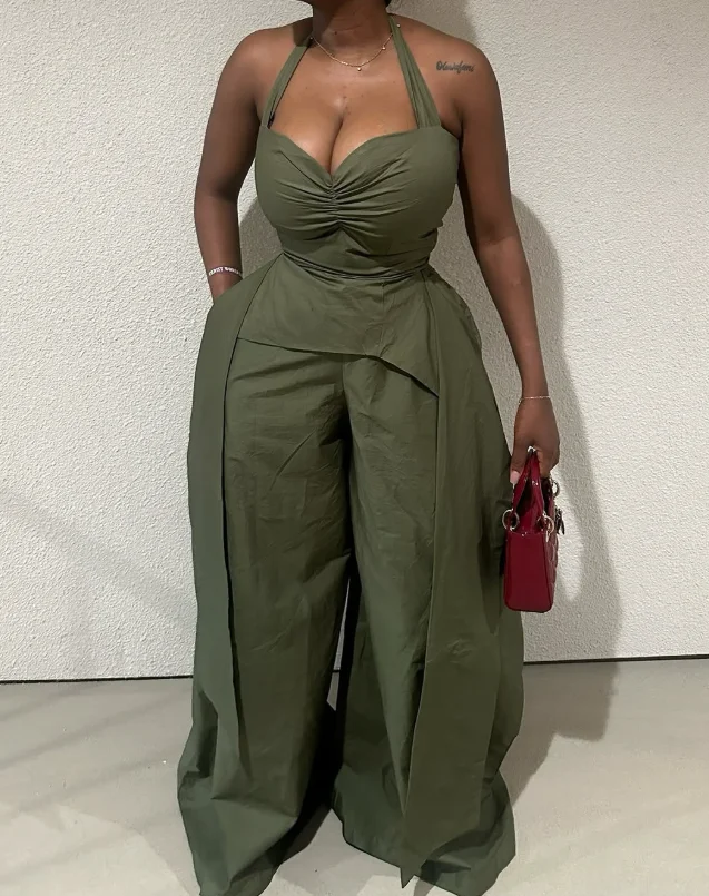 

Jumpsuit Women 2025 Summer New Solid Color Sexy Hanging Neck V-Neck Irregular Sleeveless High Waist Casual Wide Leg Jumpsuit