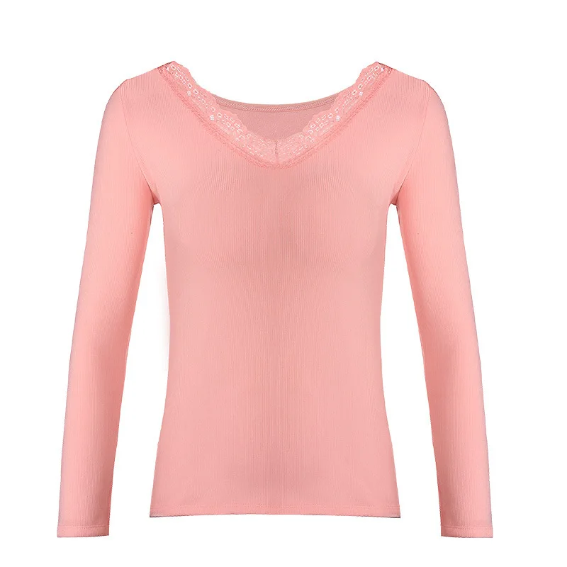 Nueva camisa de encaje para mujer, ropa interior térmica de invierno para mujer, además de terciopelo con cuello en V, Termo básico, Tops de manga larga para mujer