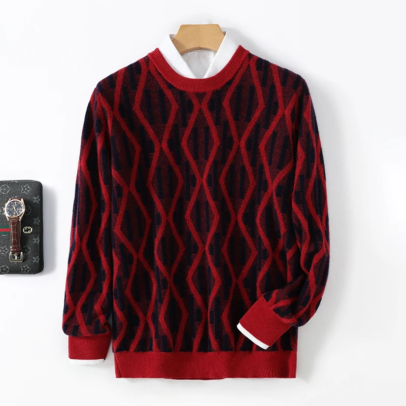 100% pure wool autumn and winter new casual Joker thick sweater loose male O-neck striped knitted cashmere sweater